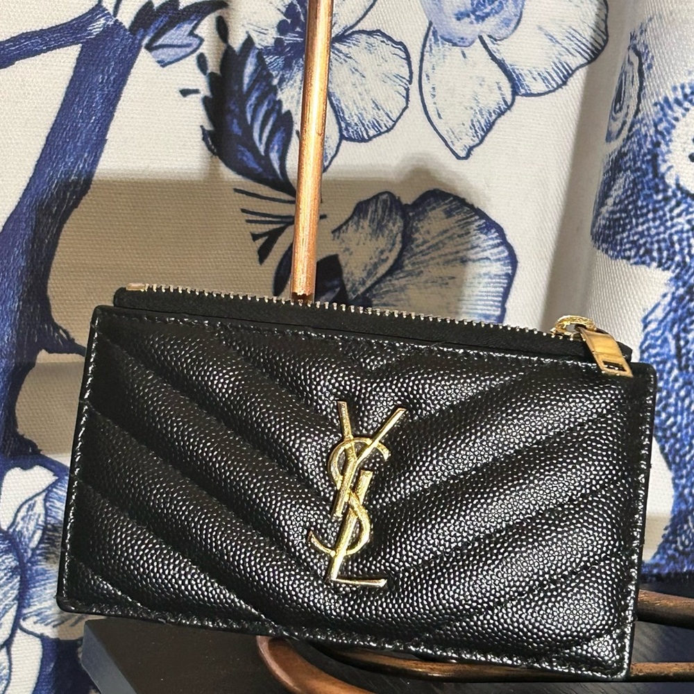 Yves Saint Laurent Card Zip Leather Monogram Black Wallet Coin Case w Zipper